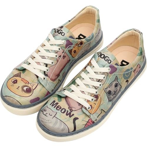 DOGO Vegan Leather Sneakers for Women - Handmade and Unique Fashion Sneakers for Women, Cats of The World Design, Size 5 - Image 1