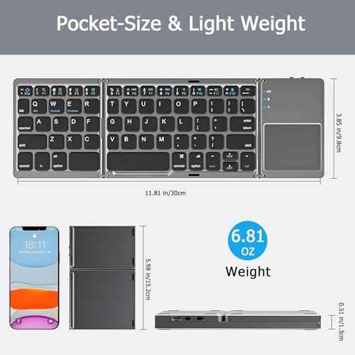 atdaraz Foldable Bluetooth Keyboard with Touchpad, Portable Wireless Keyboard with Stand Holder, Rechargeable Full Size Ultra Slim Pocket Folding Keyboards for Android Windows IOS Tablet & Laptop-Gray - Image 5
