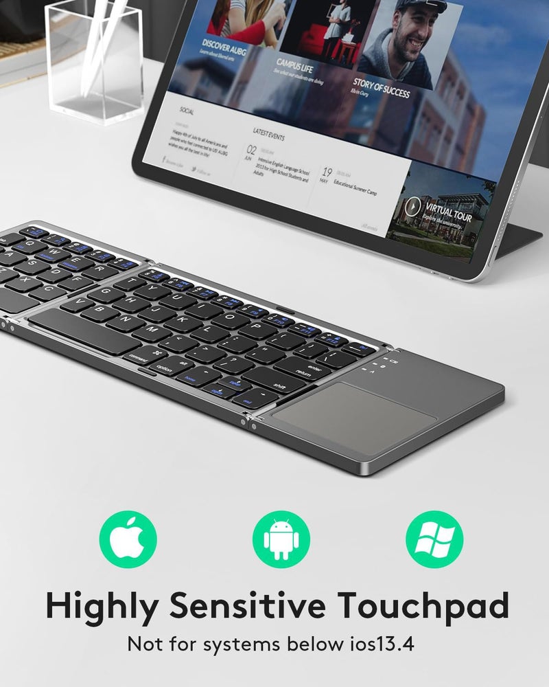 atdaraz Foldable Bluetooth Keyboard with Touchpad, Portable Wireless Keyboard with Stand Holder, Rechargeable Full Size Ultra Slim Pocket Folding Keyboards for Android Windows IOS Tablet & Laptop-Gray - Image 3