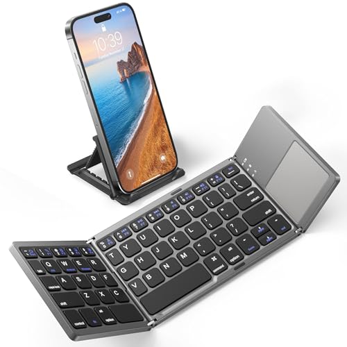 atdaraz Foldable Bluetooth Keyboard with Touchpad, Portable Wireless Keyboard with Stand Holder, Rechargeable Full Size Ultra Slim Pocket Folding Keyboards for Android Windows IOS Tablet & Laptop-Gray - Image 1