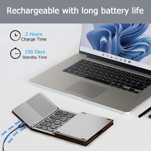 atdaraz Foldable Bluetooth Keyboard with Touchpad, Portable Wireless Keyboard with Stand Holder, Rechargeable Full Size Ultra Slim Pocket Folding Keyboards for Android Windows IOS Tablet & Laptop-Gray - Image 4