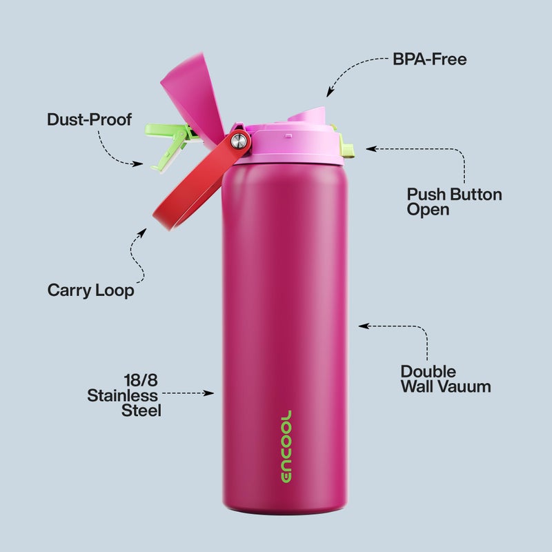 ENCOOL Insulated Water Bottle with Straw - Encool Stainless Steel Water Bottle with Push Button Lid, Leak-Proof & BPA-Free, Keeps Cold for 24 Hours for Sports, Travel, Gym (32 oz, Cerise Pink) - Image 4