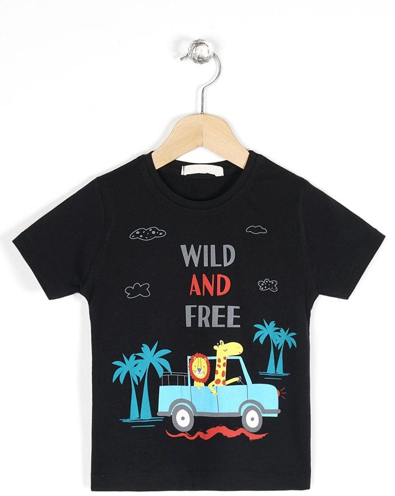 WEWE Crew Neck Short Sleeve Wild And Car Printed Black Color Boy Tshirt  - Image 1