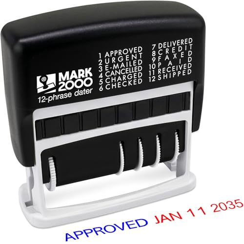 Mark 2000 12-Phrase Dater - Self-Inking Stamp - Blue Ink, Red Date - Image 1