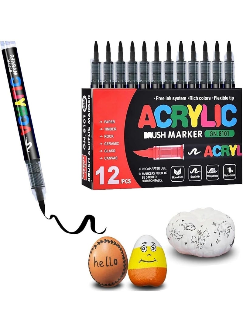 **مجموعة أقلام وعلامات ألوان أكريليك، 12 قطعة أقلام أكريليك، طرف فرشاة ناعم، دقيقة من 1 إلى 6 مم، ألوان أكريليك سريعة الجفاف لرسم الصخور والقماش والخشب والزجاج والحرف اليدوية (أسود)** - Image 1