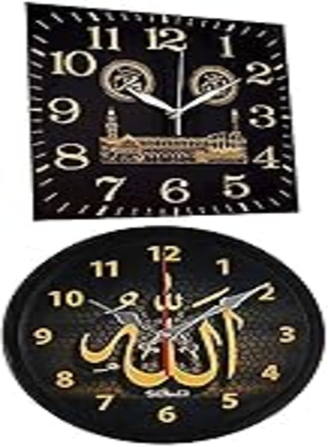 Solo c53 islamic designed glass analog wall clock, black and gold - 30 cm + SOLO B550 Circular Wall Clock, QUARTZ clock, For Living room, Bedroom, Office room, with Battery Operated (Black)