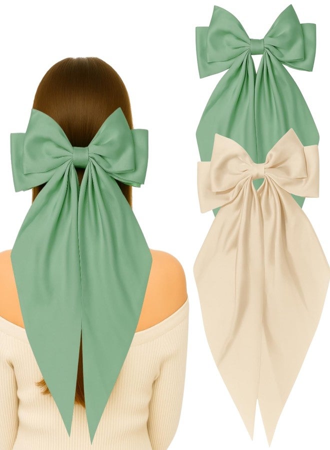ANNACREATIONS ANNA CREATIONS 2 Pcs Large Satin Bow Hair Barrette Clips for Women & Girls - Strong Hold, Elegant Long Tail Hair Accessories for Parties, Weddings Wear & Gifting (Green-Cream) - Image 2