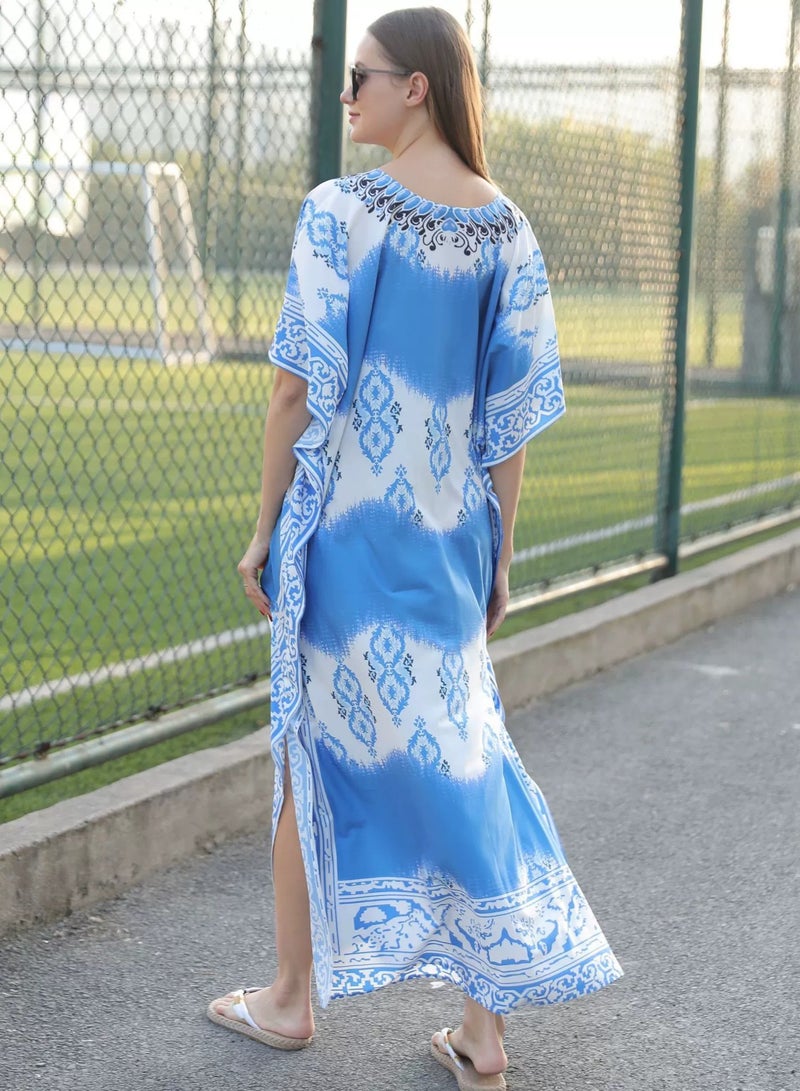 Women V-neck Beach Long Dress Sunscreen Clothing Beach Coat Loos Bikini Smock with Blend Dye Print，Quick Drying Polyester Fiber Fabric(One-Size-Fits-All)  - Image 2