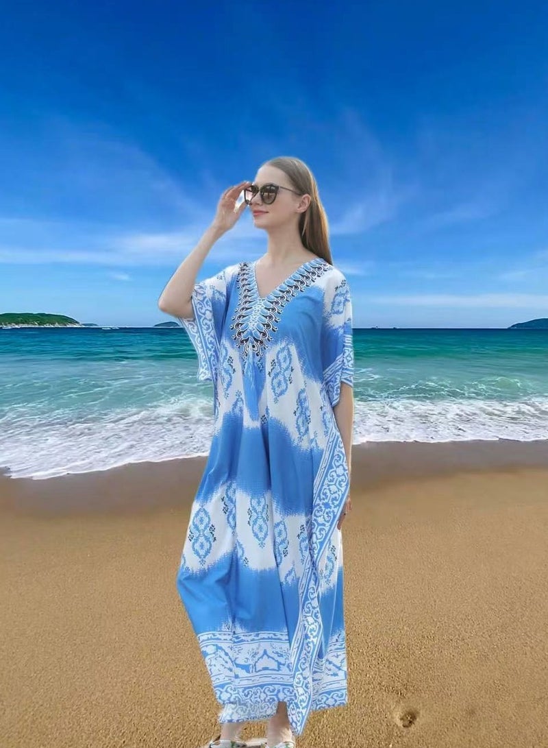 Women V-neck Beach Long Dress Sunscreen Clothing Beach Coat Loos Bikini Smock with Blend Dye Print，Quick Drying Polyester Fiber Fabric(One-Size-Fits-All)  - Image 1