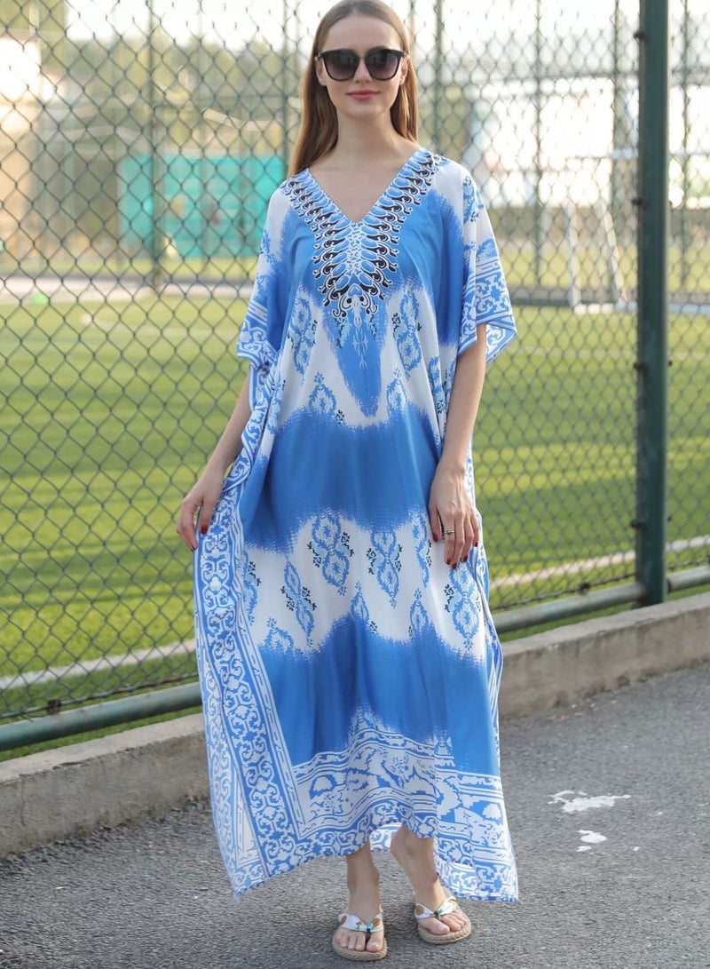 Women V-neck Beach Long Dress Sunscreen Clothing Beach Coat Loos Bikini Smock with Blend Dye Print，Quick Drying Polyester Fiber Fabric(One-Size-Fits-All)  - Image 3