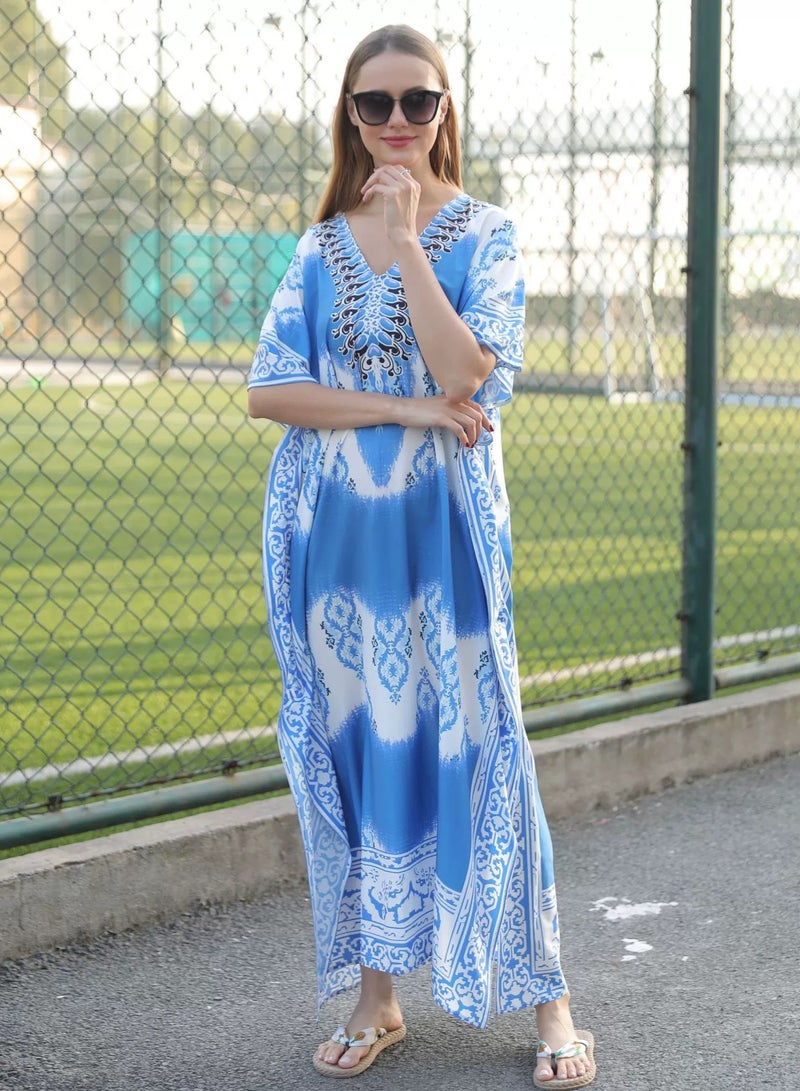 Women V-neck Beach Long Dress Sunscreen Clothing Beach Coat Loos Bikini Smock with Blend Dye Print，Quick Drying Polyester Fiber Fabric(One-Size-Fits-All)  - Image 4