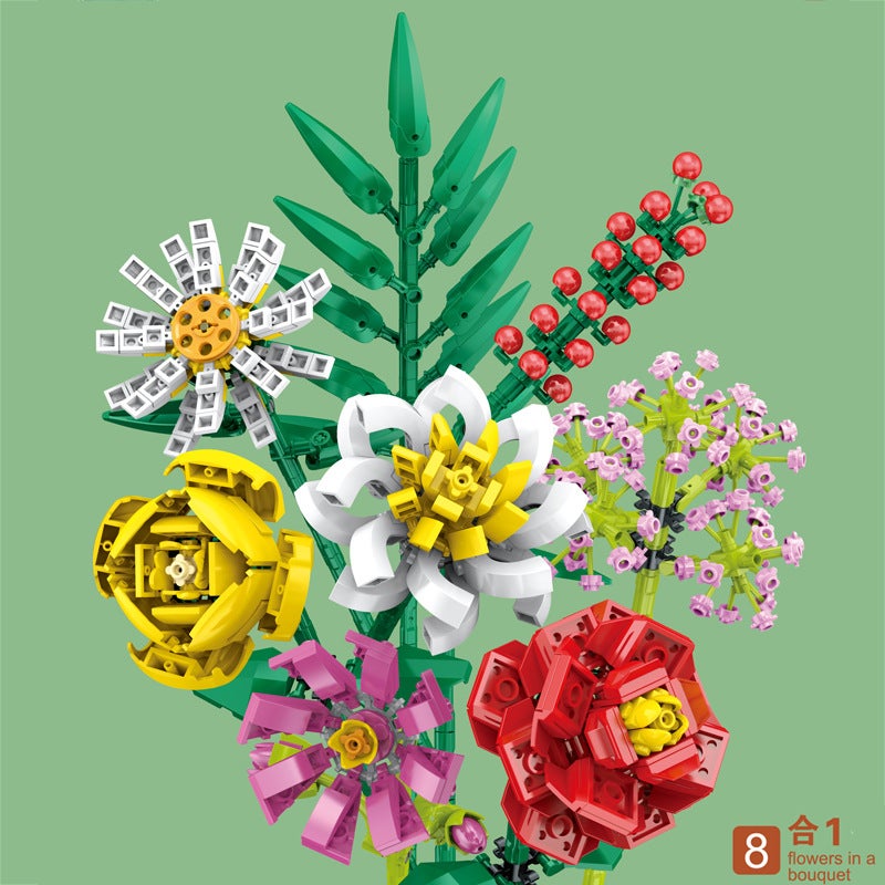 Educational Interlocking Building Block Flower Model Set - Simulated Roses, Peonies, Ferns, Rose  Bushes
