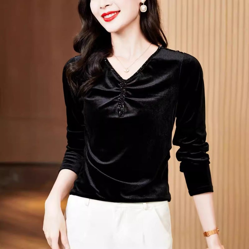 Autum Design Niche V-Neck Velvet Top, Western-Style Shirt, Long-Sleeved Inner Layering Shirt - Image 3