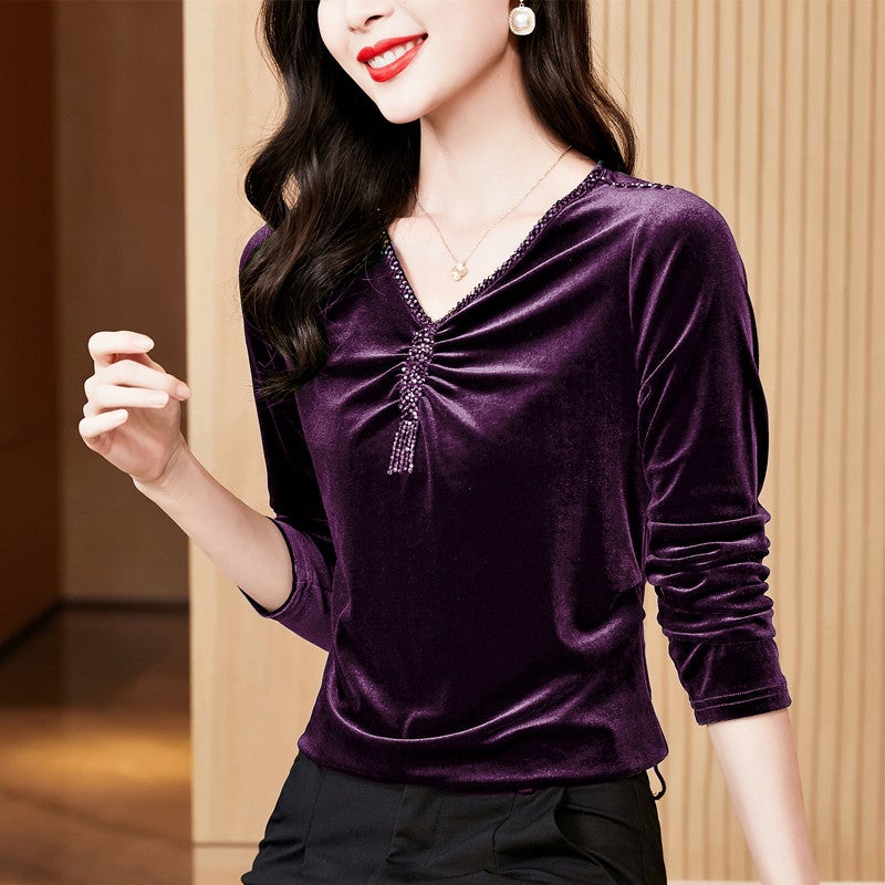 Autum Design Niche V-Neck Velvet Top, Western-Style Shirt, Long-Sleeved Inner Layering Shirt - Image 2