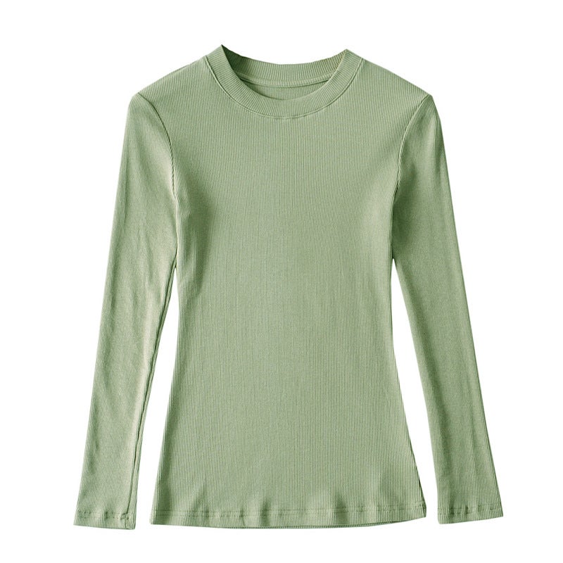 Wide Collar Thread Stitching Long-sleeved Slim-fit Womens T-shirt Simple Solid Color Stretch Cotton Bag Body European and American Ins Trendy Base Shirt Army green 222 long sleeve