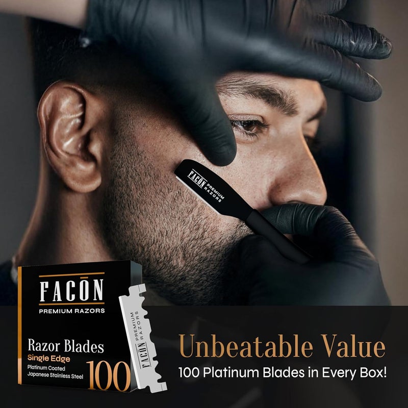 FACON شفرة فاكُون المستقيمة للرجال - مجموعة شفرات حلاقة احترافية مع 100 شفرة، ماكينة حلاقة باربرو من الفولاذ المقاوم للصدأ الياباني لحلاقة ناعمة ودقيقة، شفرة حلاقة باربر مميزة لحلاقة الرجال - Image 5