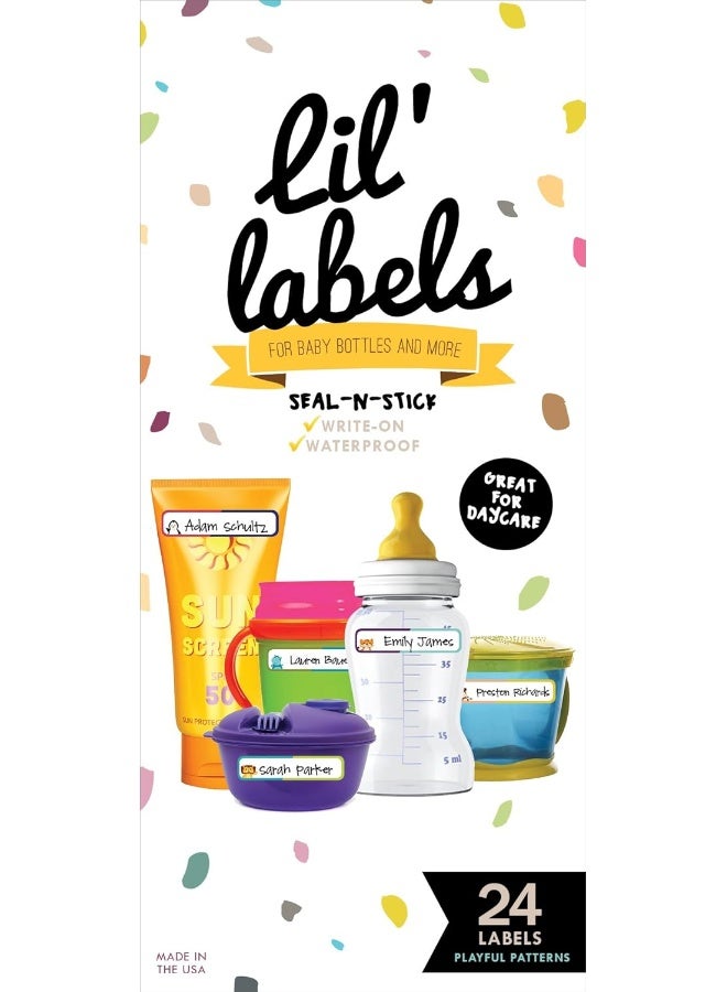 Lil' Labels Bottle and Food, Write-On, Freezer Safe, Self-Laminating, Waterproof Kids Name for Baby Bottles, Sippy Cup for Daycare School, Dishwasher Safe (Playful Patterns) - Image 1