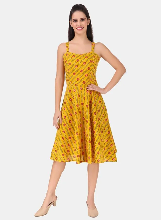 House Of Raeli Mustard Geometric Print Fit and Flare Sleeveless Knee-Length Dress