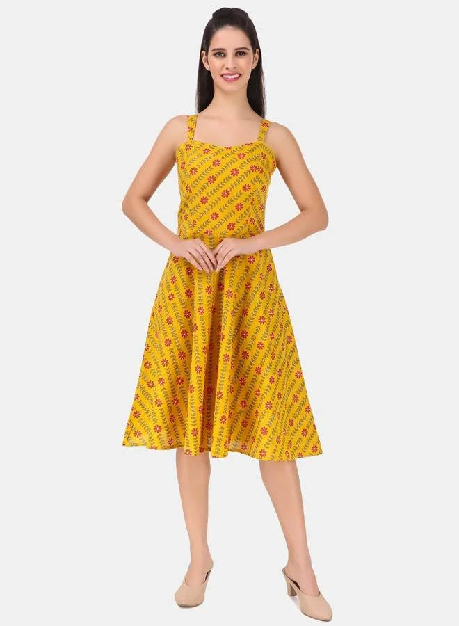 House Of Raeli Mustard Geometric Print Fit and Flare Sleeveless Knee-Length Dress