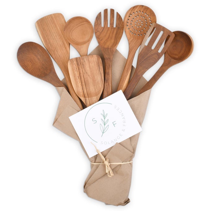 SOLANGE FRANCES TEAK WOODEN UTENSIL SET PREMIUM COOKING UTENSILS BPA FREE NON TOXIC COOKING UTENSILS UNIQUE GIFTS FOR WOMEN GIFT FOR MOM OR GIFTS FOR WOMEN WHO HAVE EVERYTHING MOTHERS DAY GIFT