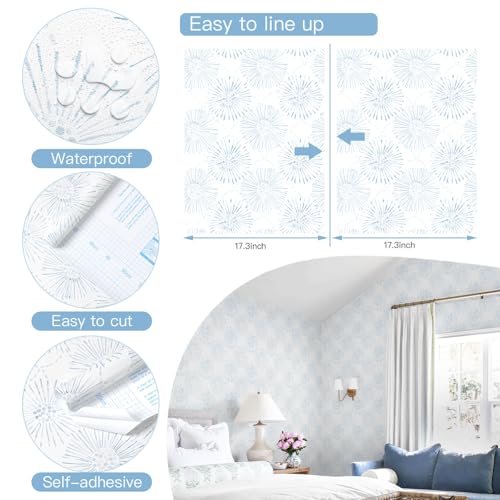 Fiula Boho Wallpaper Blue Wall Paper Peel and Stick Modern Blue and White Geometric Fireworks Contact Paper Renter Friendly Self-Adhesive Removable Bathroom Bedroom Laundry Room 17.3" × 78.7" - Image 4