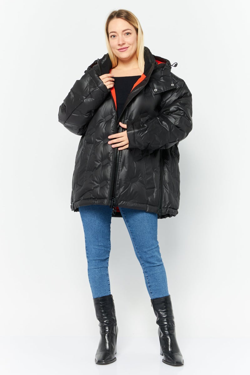 Women Brand Logo Hooded Puffer Jacket, Black