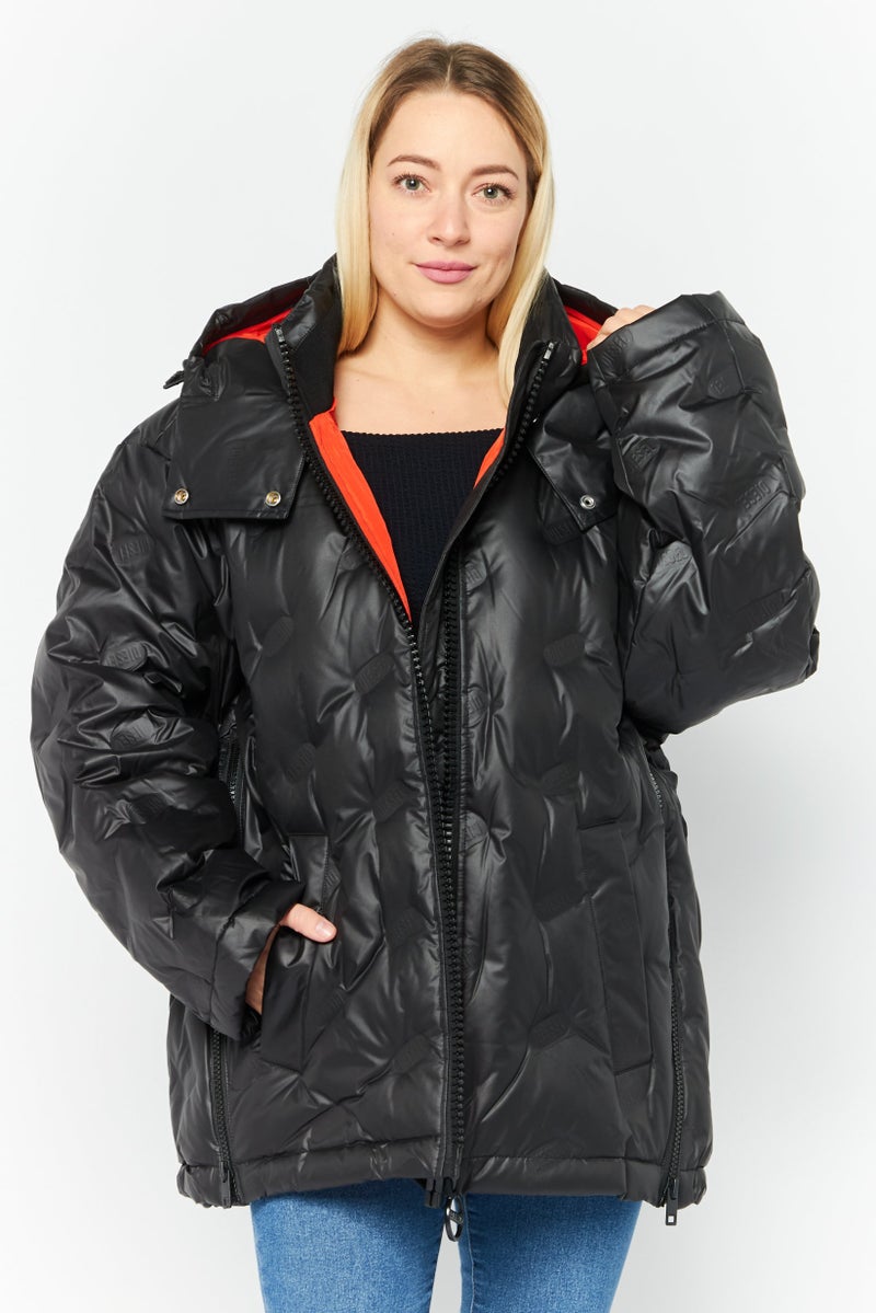 Women Brand Logo Hooded Puffer Jacket, Black
