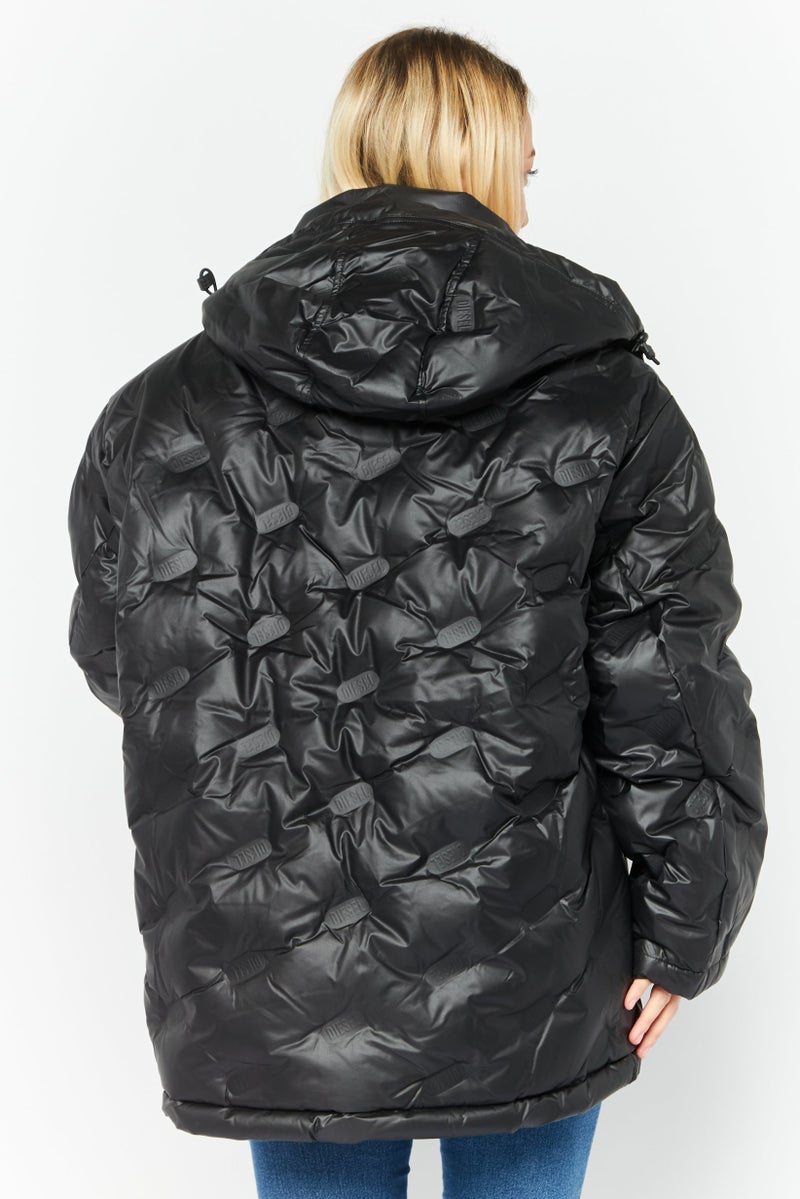 Women Brand Logo Hooded Puffer Jacket, Black