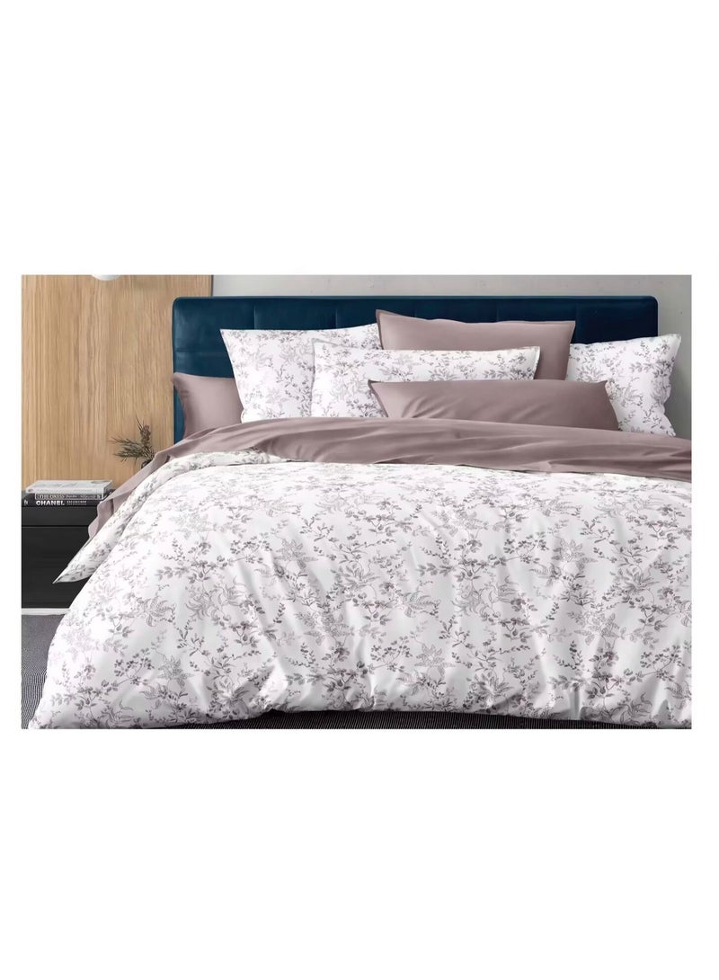 طقم مفروشات فاخر من MS MART مكون من 6 قطع بحجم كينج - طقم مفروشات بتصميم زهور وردية وبيضاء عتيقة (لحاف، شرشف سرير، و4 أغطية وسائد)