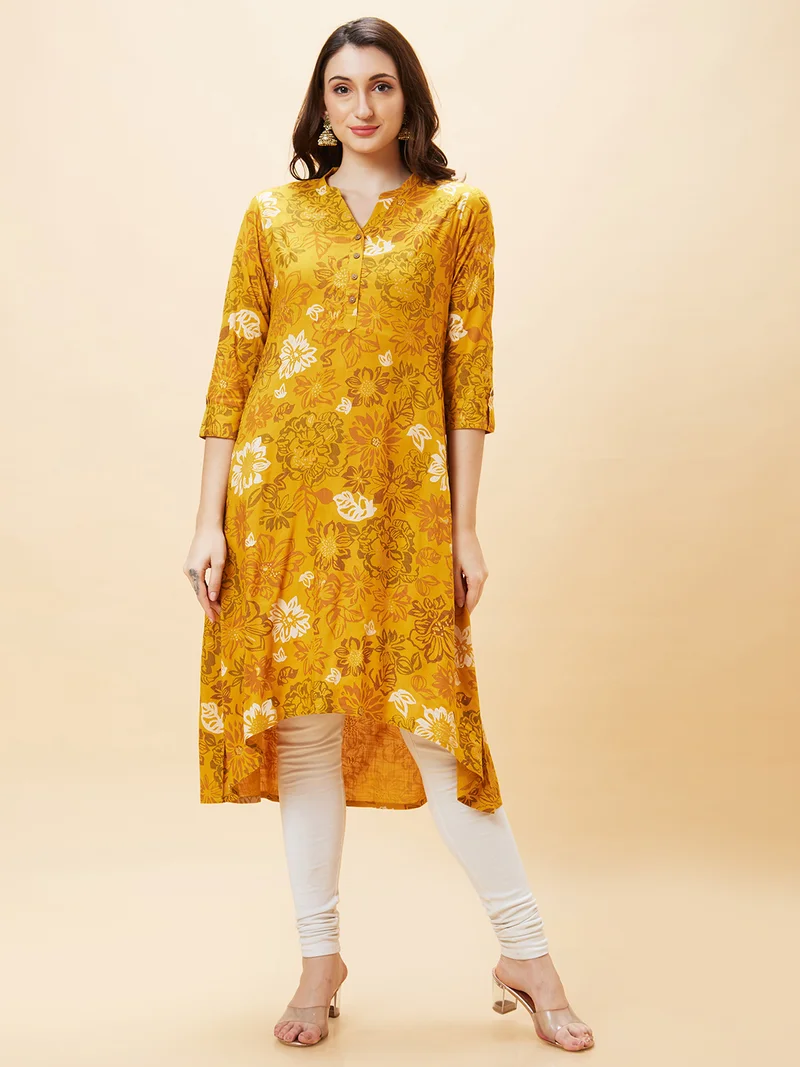 globus Globus Women Floral Printed Mandarin Collar A-Line Kurta