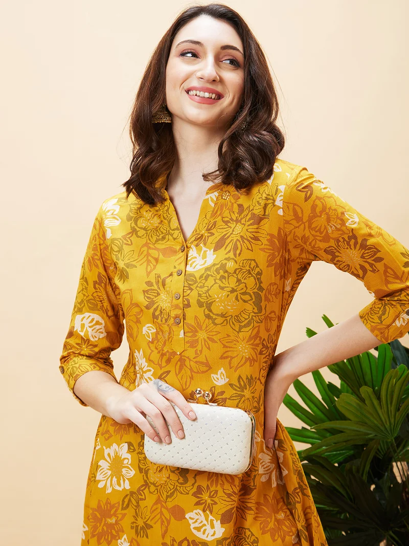 globus Globus Women Floral Printed Mandarin Collar A-Line Kurta