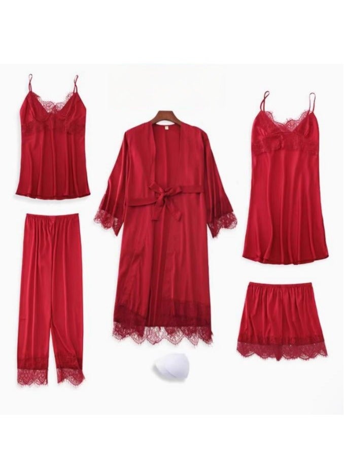 Pajama Women's Ice Silk Five Piece Set With High-End Feel And Chest Cushion Silk Home Suit Set - Image 1