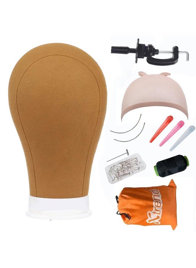 Xtrend 23" Poly Canvas Block Head Professional Brown Mannequin Canvas Head for Making/Drying/Styling Wigs with Table Clamp Stand and T Pins Wig cap - Image 1