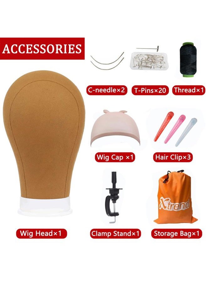 Xtrend 23" Poly Canvas Block Head Professional Brown Mannequin Canvas Head for Making/Drying/Styling Wigs with Table Clamp Stand and T Pins Wig cap - Image 2