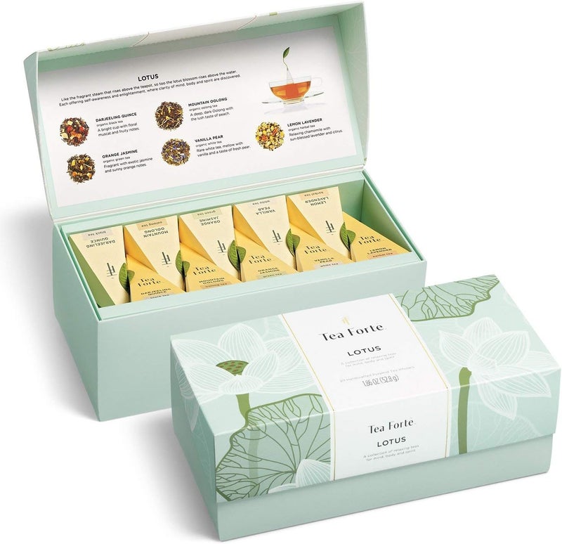 Tea Forte مجموعة هدايا شاي تي فورت لوتس للاسترخاء مع أكياس شاي مثلثة مصنوعة يدويًا - 20 قطعة - Image 1