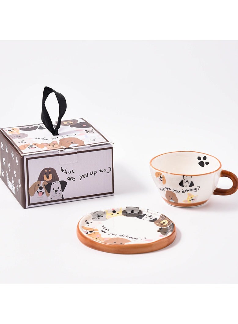 هومستر فنجان قهوة سيراميك مع صحن برسوم كلب كراميل كاريكاتيري يدوي - مجموعة هدايا فاخرة لتقديم القهوة للأطفال والبنات - Image 1