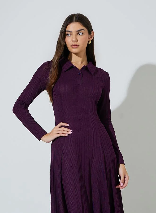Styli Purple Ribbed Knit A-Line Maxi Dress with Collar
