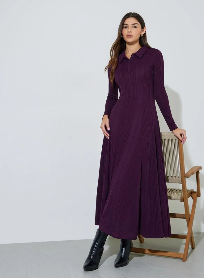 Purple Ribbed Knit A-Line Maxi Dress with Collar