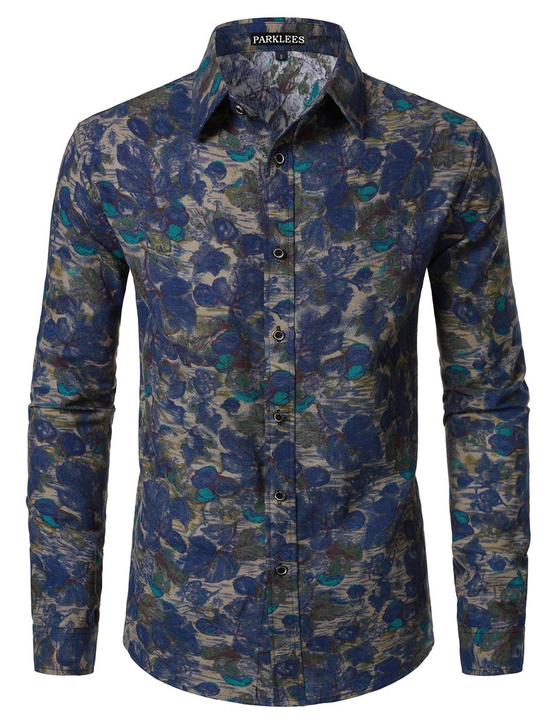 PARKLEES Men's 70s Hippie Long-Sleeve Floral Shirts Retro Pattern Printed Cotton Linen Button-Down Shirt Blue Pattern Large - Image 1