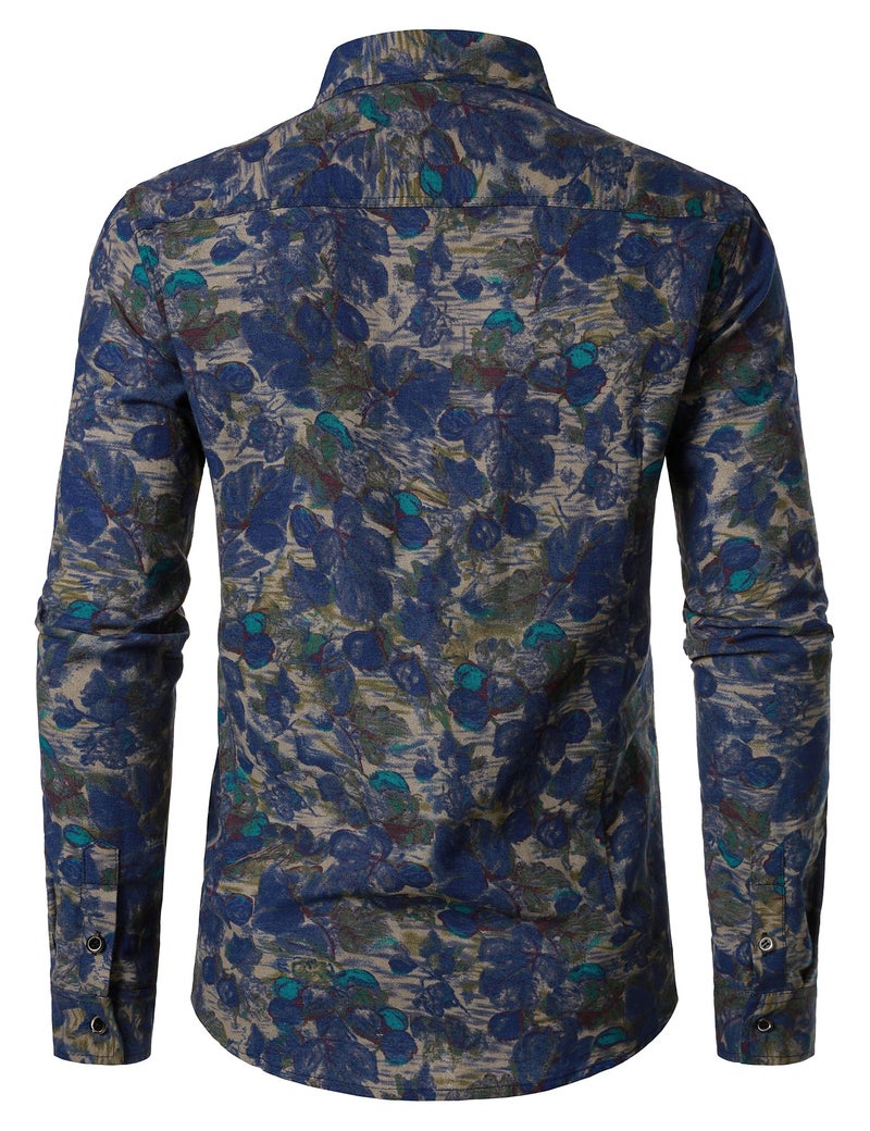 PARKLEES Men's 70s Hippie Long-Sleeve Floral Shirts Retro Pattern Printed Cotton Linen Button-Down Shirt Blue Pattern Large - Image 3