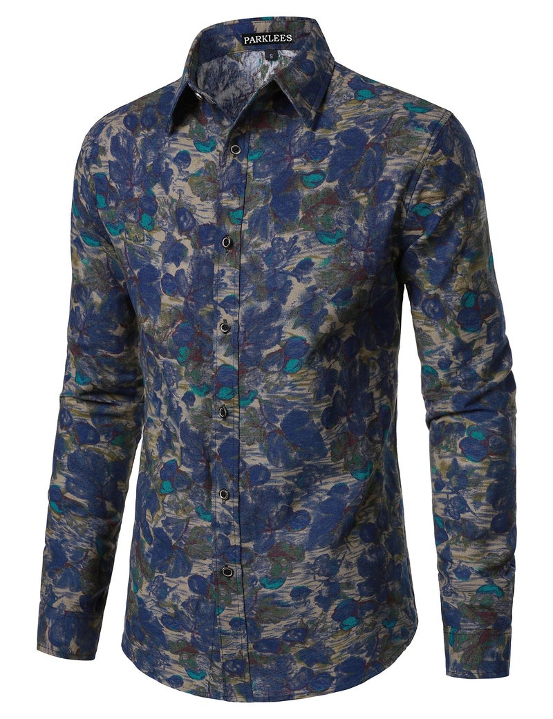 PARKLEES Men's 70s Hippie Long-Sleeve Floral Shirts Retro Pattern Printed Cotton Linen Button-Down Shirt Blue Pattern Large - Image 2
