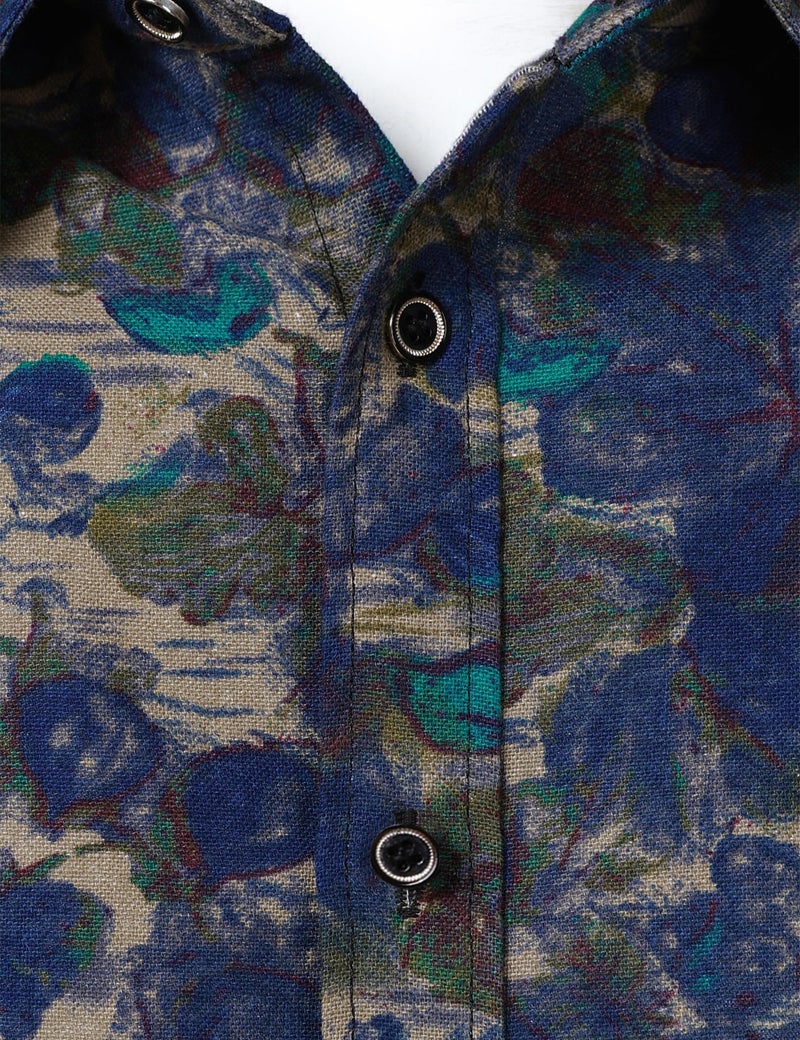 PARKLEES Men's 70s Hippie Long-Sleeve Floral Shirts Retro Pattern Printed Cotton Linen Button-Down Shirt Blue Pattern Large - Image 5