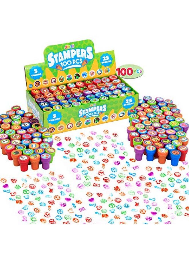 JOYIN - 100 Pcs Assorted Stamps For Kids Selfink Stamps (50 Different Designs Plastic Stamps Emoji Stampers Dinosaur Stampers Zoo Safari Stampers) For Easter Egg Stuffers Party Favor Teacher Stamps - Image 1