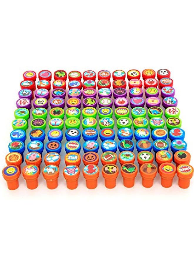 JOYIN - 100 Pcs Assorted Stamps For Kids Selfink Stamps (50 Different Designs Plastic Stamps Emoji Stampers Dinosaur Stampers Zoo Safari Stampers) For Easter Egg Stuffers Party Favor Teacher Stamps - Image 1