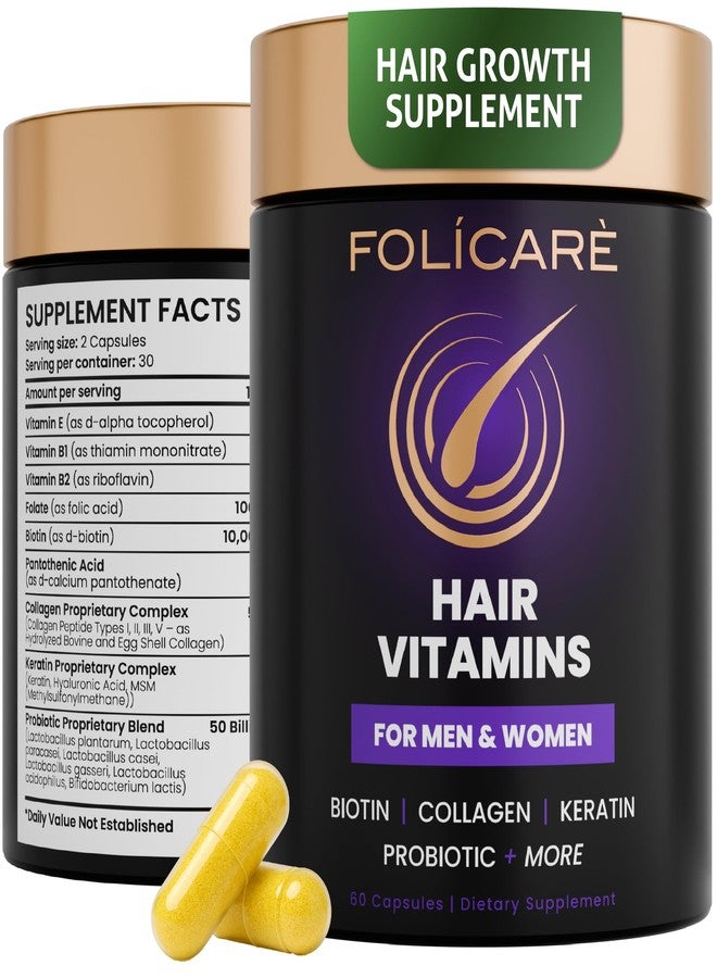 FOLICARE فوليكير مكمل غذائي لنمو الشعر بالبيوتين مع الكولاجين والكيراتين والبروبيوتيك - يدعم نمو الشعر، ومكمل غذائي للبشرة والأظافر للرجال والنساء - يدعم شعرًا أكثر كثافة وقوة - صنع في الولايات المتحدة الأمريكية (عبوة واحدة) - Image 1