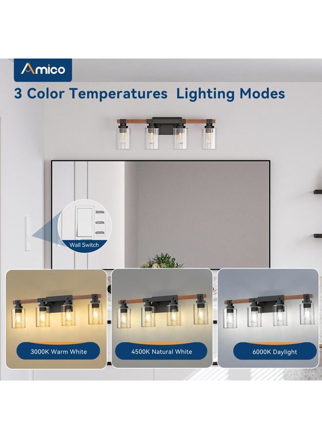 Amico Farmhouse Bathroom Vanity Light Fixtures,Rustic 4-Light Industrial Painted Wood Lights,Vintage Black Wall Sconces Bathroom Vanity Lighting with Bubble Glass Shade - Image 2