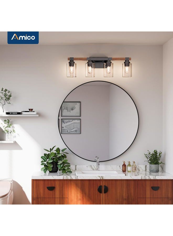 Amico Farmhouse Bathroom Vanity Light Fixtures,Rustic 4-Light Industrial Painted Wood Lights,Vintage Black Wall Sconces Bathroom Vanity Lighting with Bubble Glass Shade - Image 3