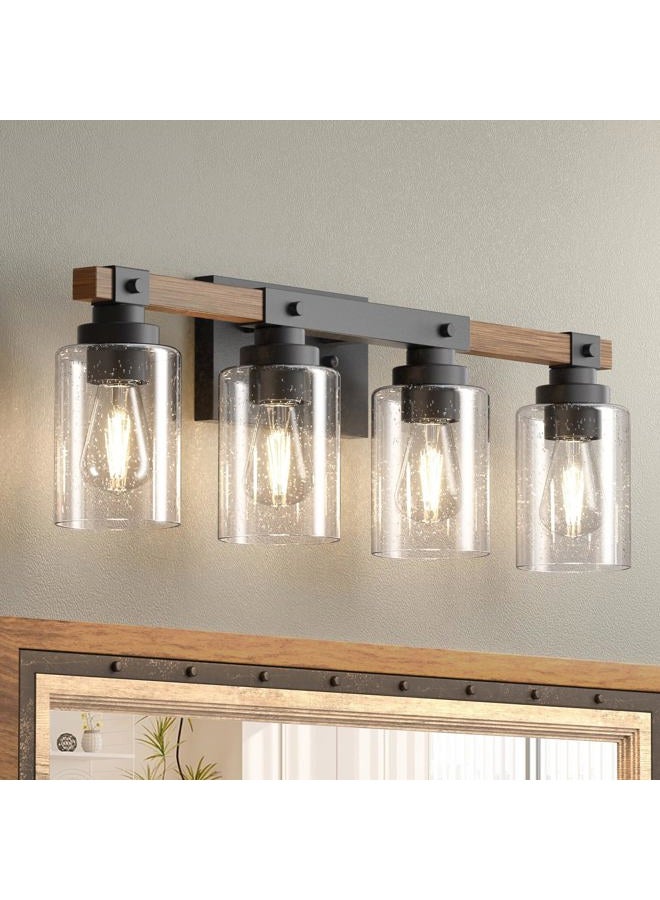 Amico Farmhouse Bathroom Vanity Light Fixtures,Rustic 4-Light Industrial Painted Wood Lights,Vintage Black Wall Sconces Bathroom Vanity Lighting with Bubble Glass Shade - Image 1