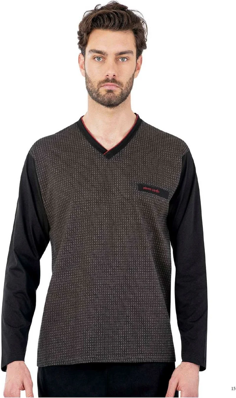 بيير كاردان 6058 Men's Black Jacquard Long Sleeve Plaid Pajama Set