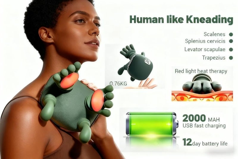 Eworld Heated Shiatsu Neck & Back Massager, Portable 4D Deep Tissue Kneading with Human Hand Simulation, Electric Pain Relief & Muscle Relaxer – Textile Green - Image 4